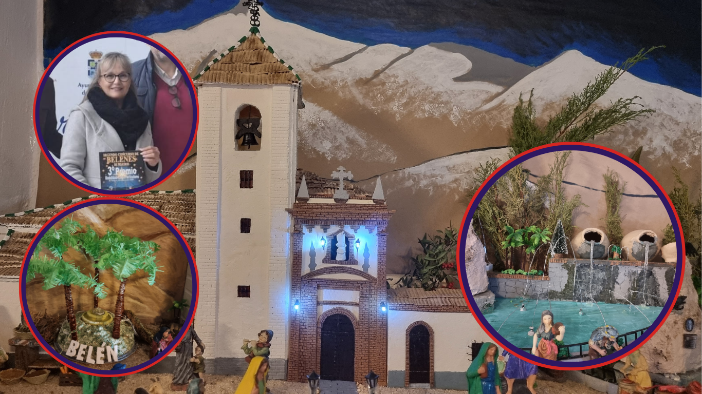 Fotografía compuesta por la Iglesia de San Ildefonso, Plaza de Los Patos y Fuente de entrada a Peligros, todas ellas recreadas para el Belén. Junto con la creadora, Maritrini Martín.