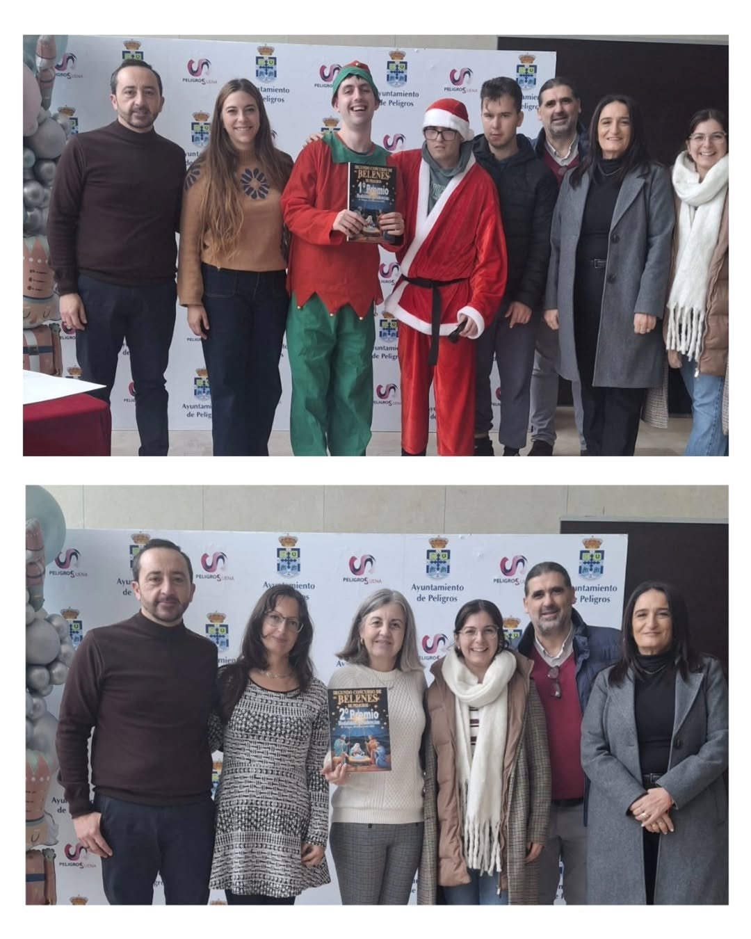 Representantes de la Residencia Asprogrades y de la Residencia FOAM, primer y segundo premio respectivamente en la categoría de residencias del II Concurso Municipal de Belenes de Peligros, durante el acto de entrega de galardones.