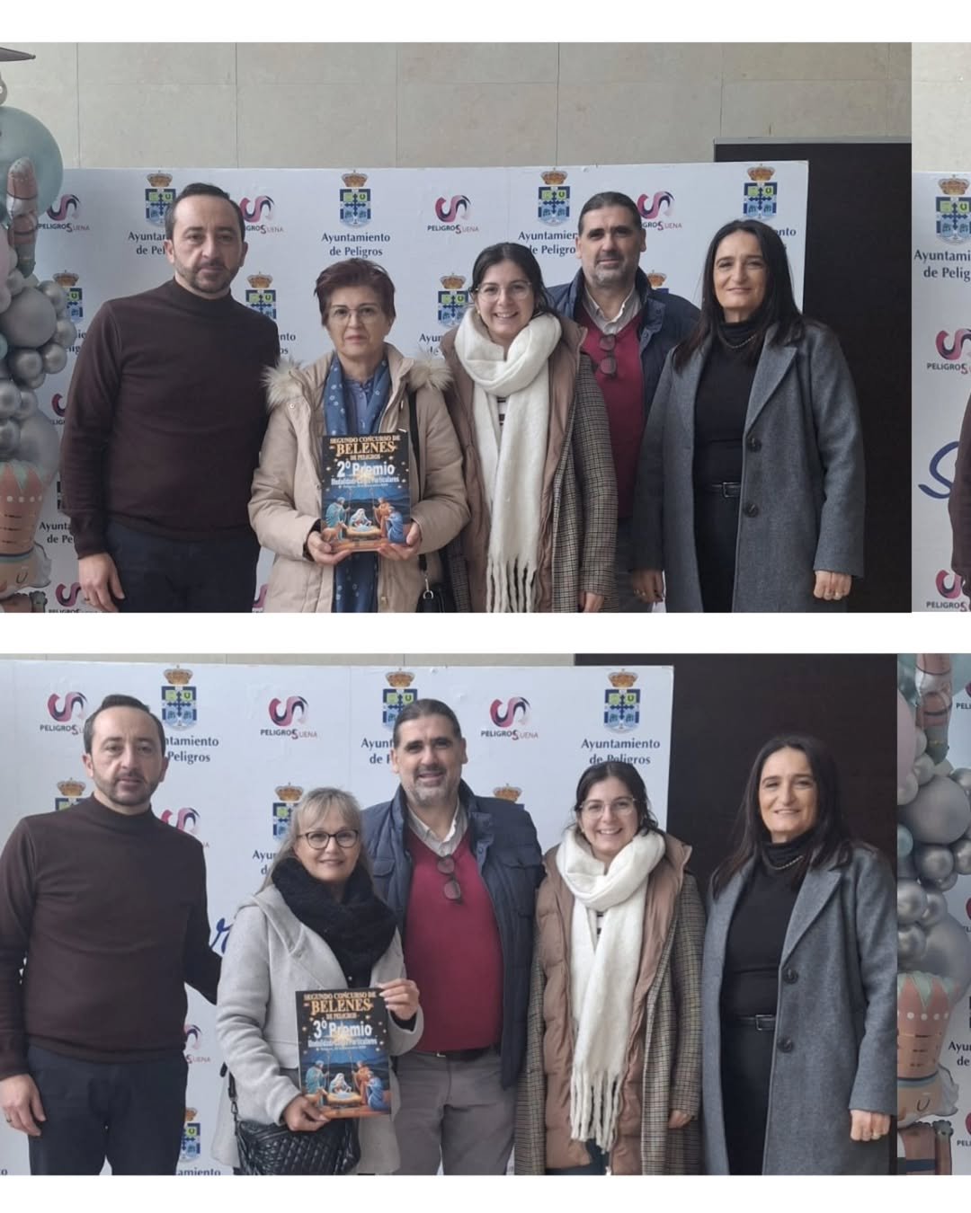 Arriba: María Dolores Martos Morón, segundo premio del II Concurso Municipal de Belenes de Peligros, durante el acto de entrega celebrado en el vestíbulo del Teatro Pablo Neruda. Abajo: María Trinidad Martín Ruiz, tercer premio, en el mismo acto de entrega de galardones.