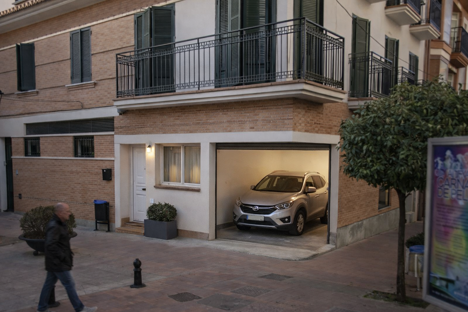 Simulación de cómo podría quedar el antiguo local comercial tras su transformación en vivienda, con acceso peatonal independiente y plaza de garaje integrada en el propio bajo, dentro del casco urbano de Peligros.