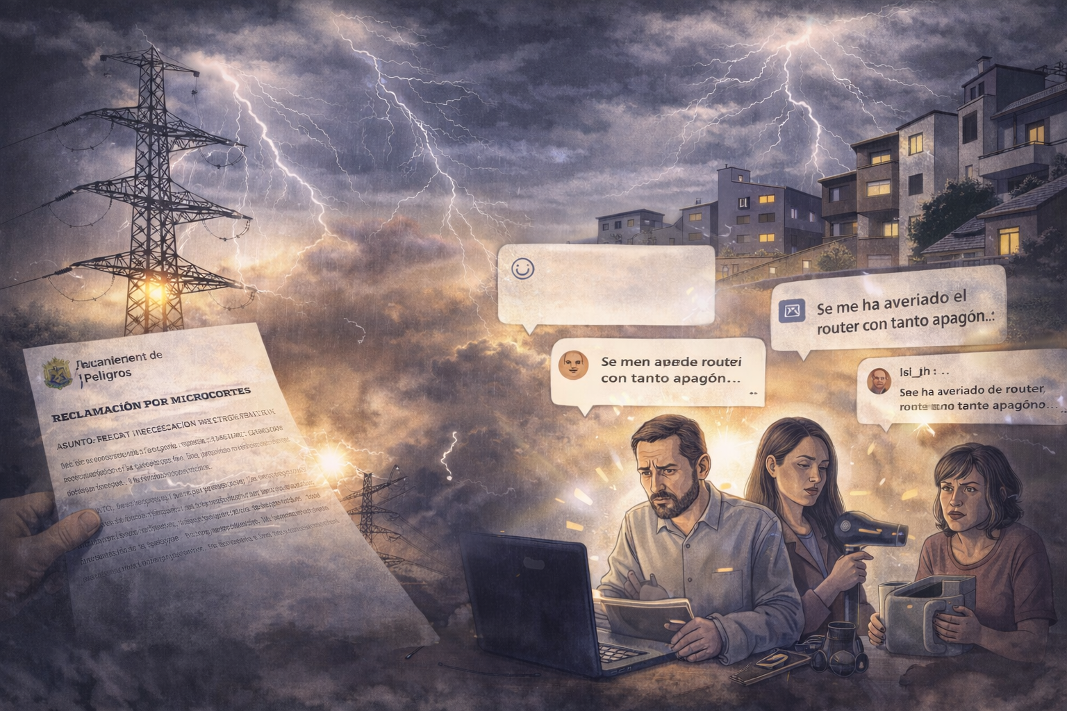 “Ilustración simbólica de los microcortes eléctricos que afectan a Peligros, un problema que ha generado preocupación vecinal y reclamaciones institucionales.”