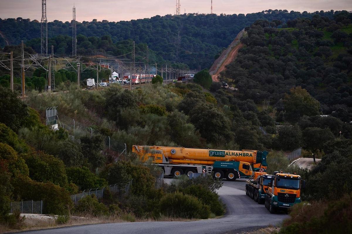 Grúas Alhambra, empresa afincada en Peligros, aporta la maquinaria pesada para retirar los vagones tras el accidente ferroviario en Adamuz