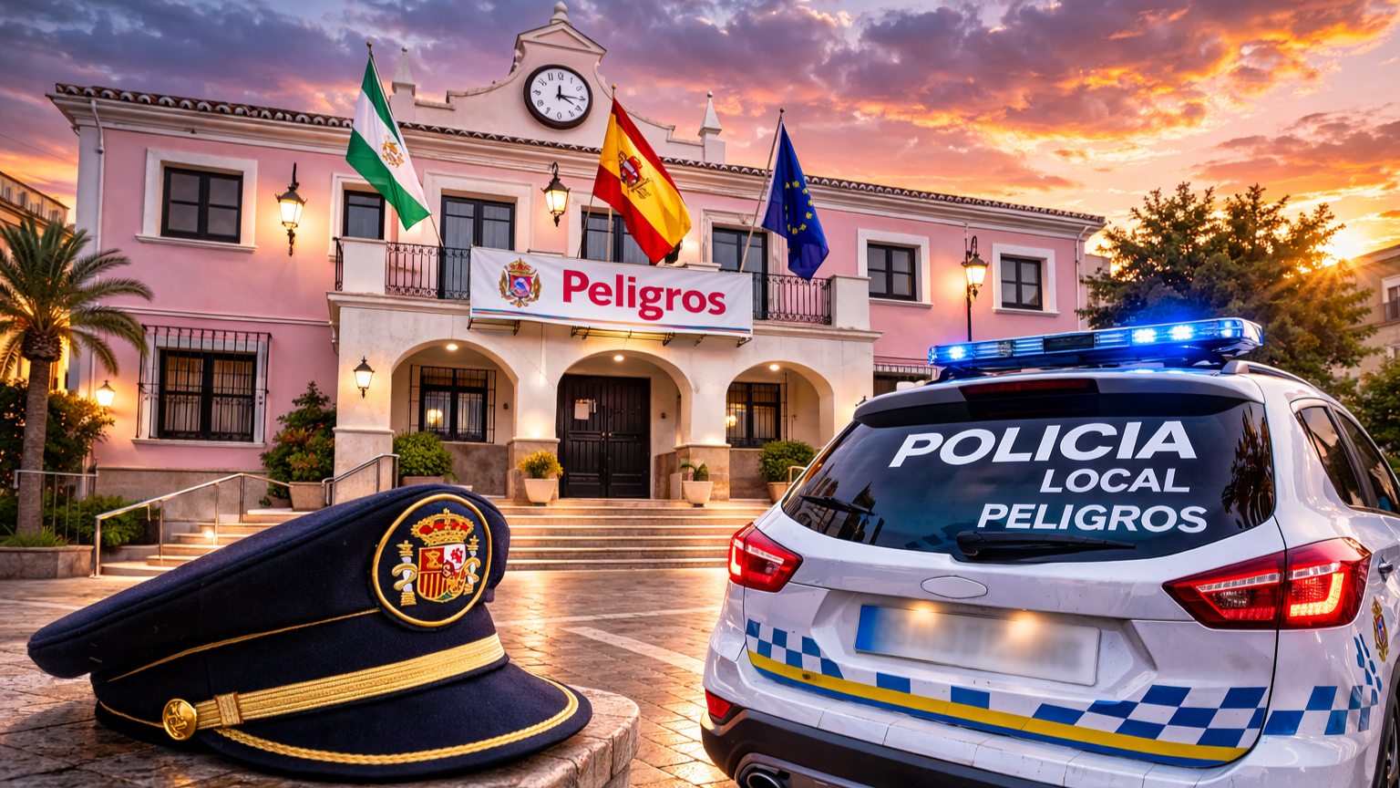 La Policía Local de Peligros frente al Ayuntamiento, institución que ha convocado una plaza de Oficial en comisión de servicios.