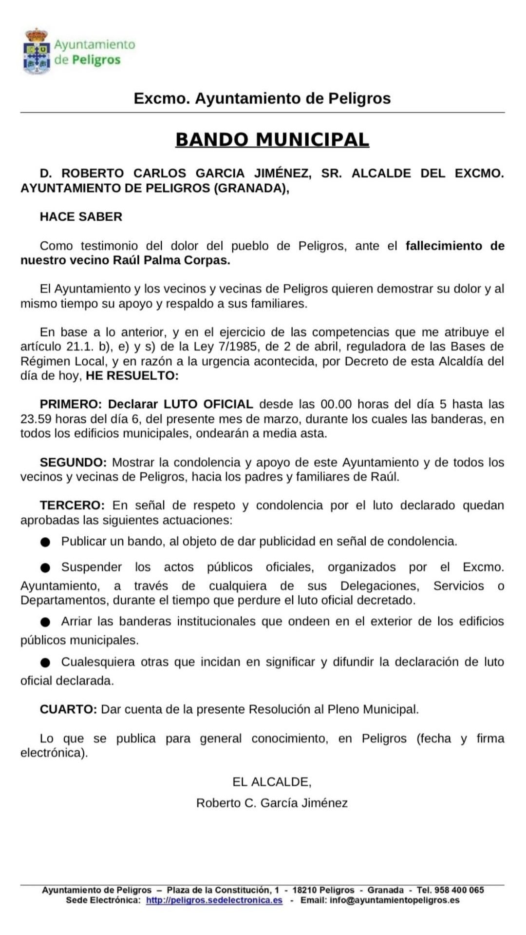 Bando municipal emitido por el alcalde de Peligros, Roberto Carlos García Jiménez, declarando dos días de luto oficial por el fallecimiento de Raúl Palma Corpas.