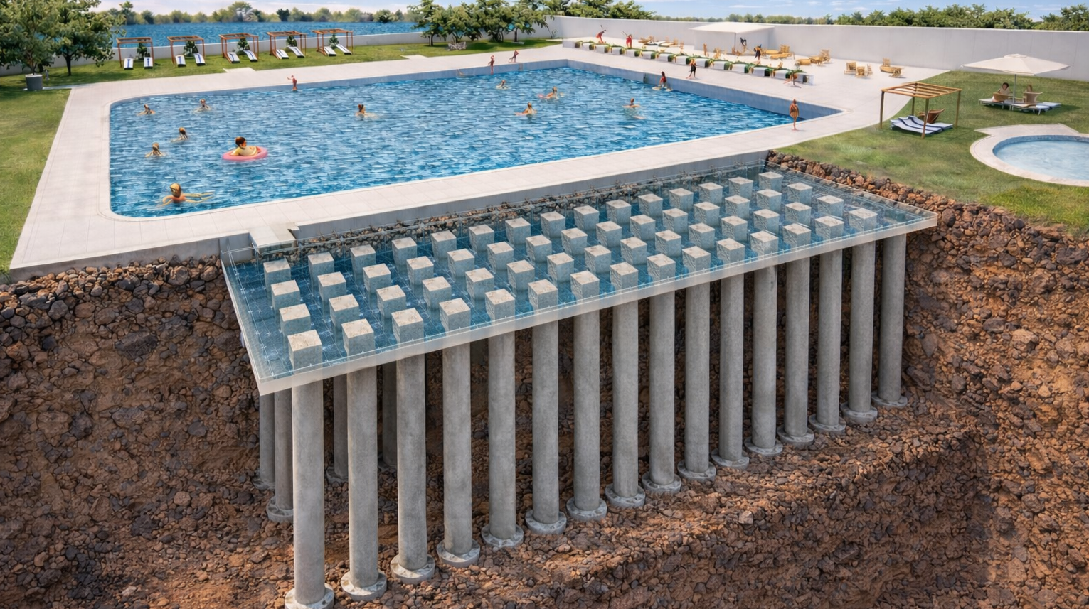 Recreación ilustrativa del sistema de cimentación profunda de la nueva piscina municipal de Peligros, sustentada sobre 60 micropilotes de aproximadamente 10 metros de profundidad.