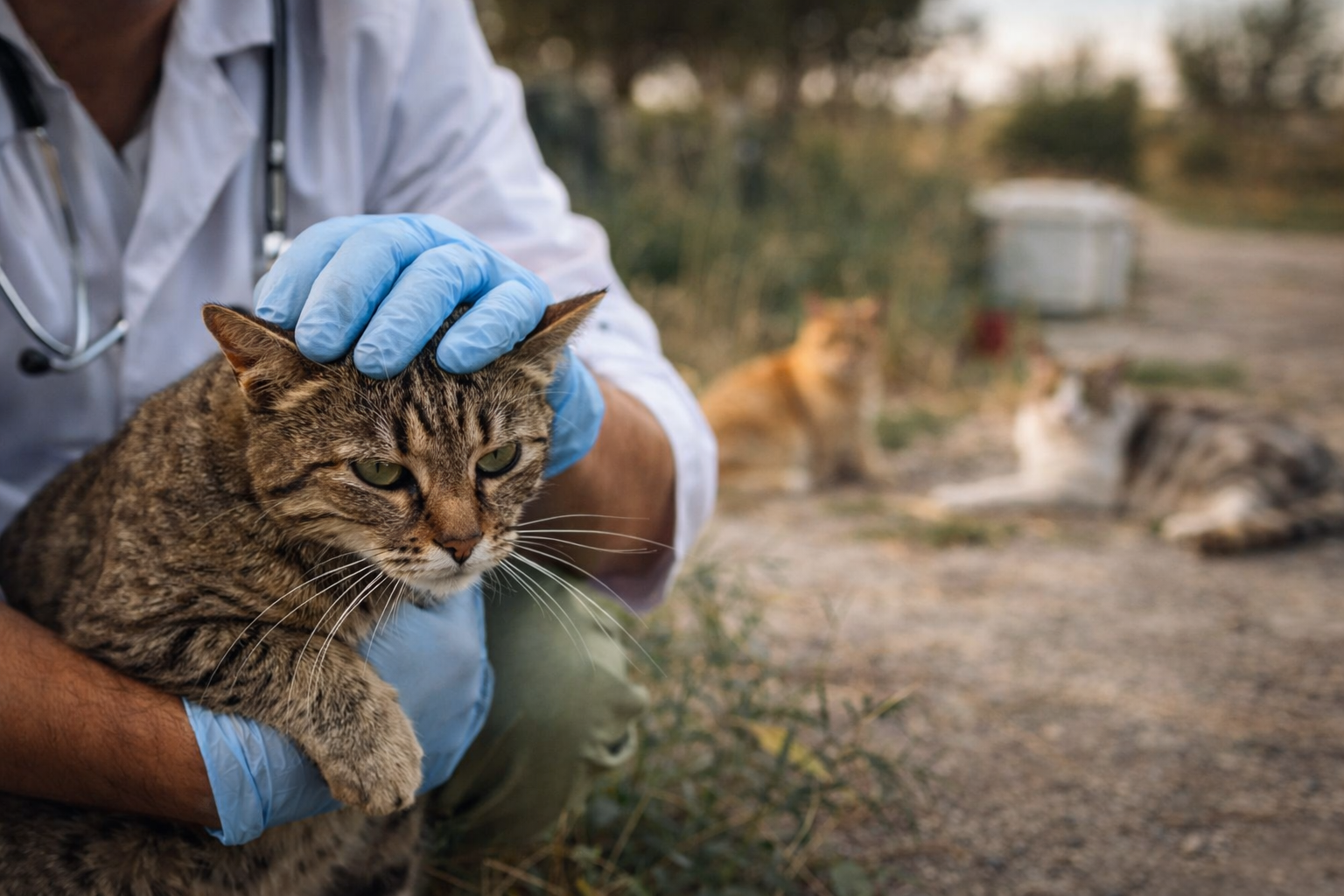 Un veterinario interviene en una colonia felina aplicando medidas de control y cuidado sanitario, en línea con el modelo CER que el Ayuntamiento busca reforzar mediante el nuevo convenio aprobado en pleno.