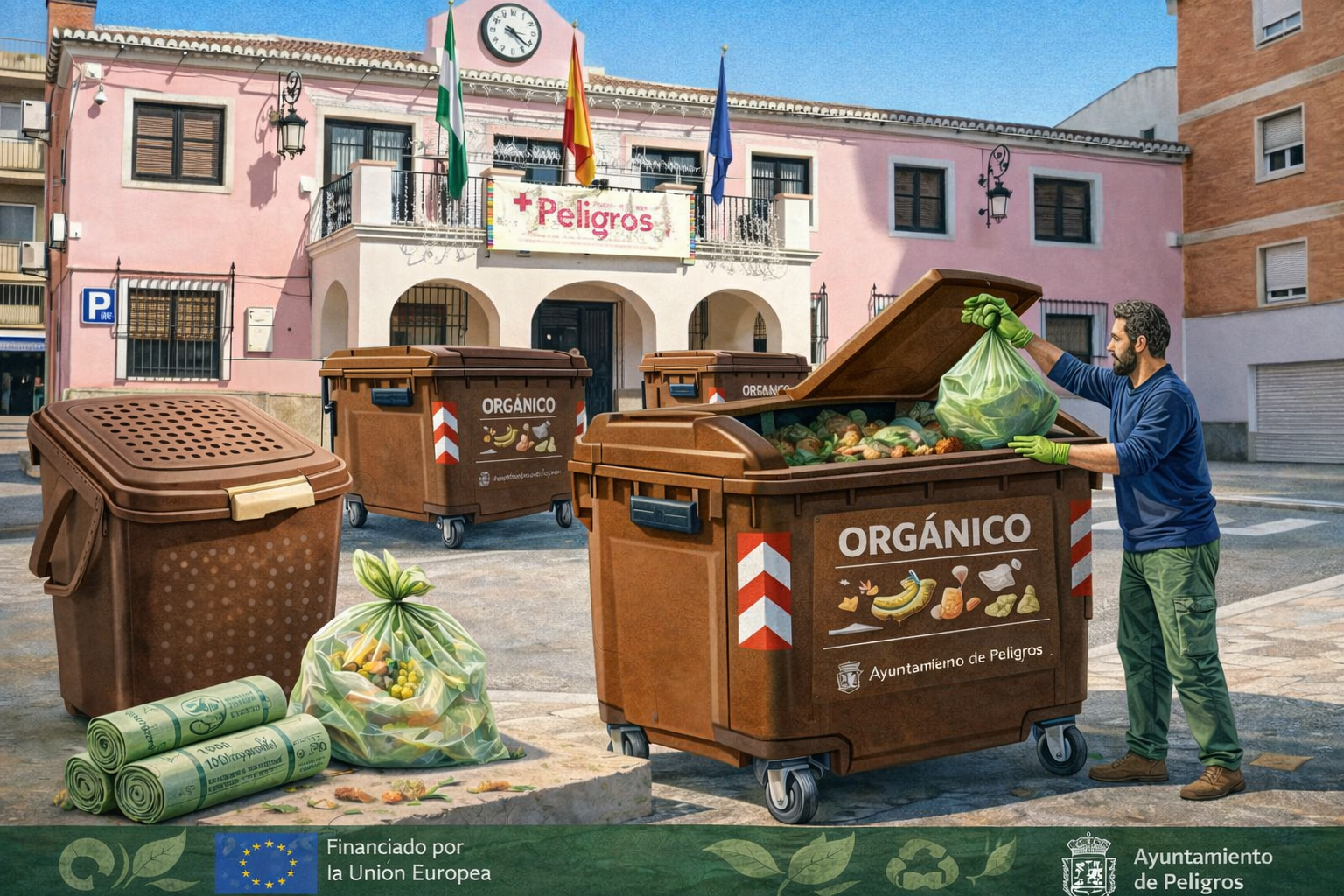 Vecino depositando residuos orgánicos en uno de los contenedores marrones previstos en el nuevo sistema de recogida selectiva que impulsa el Ayuntamiento de Peligros.