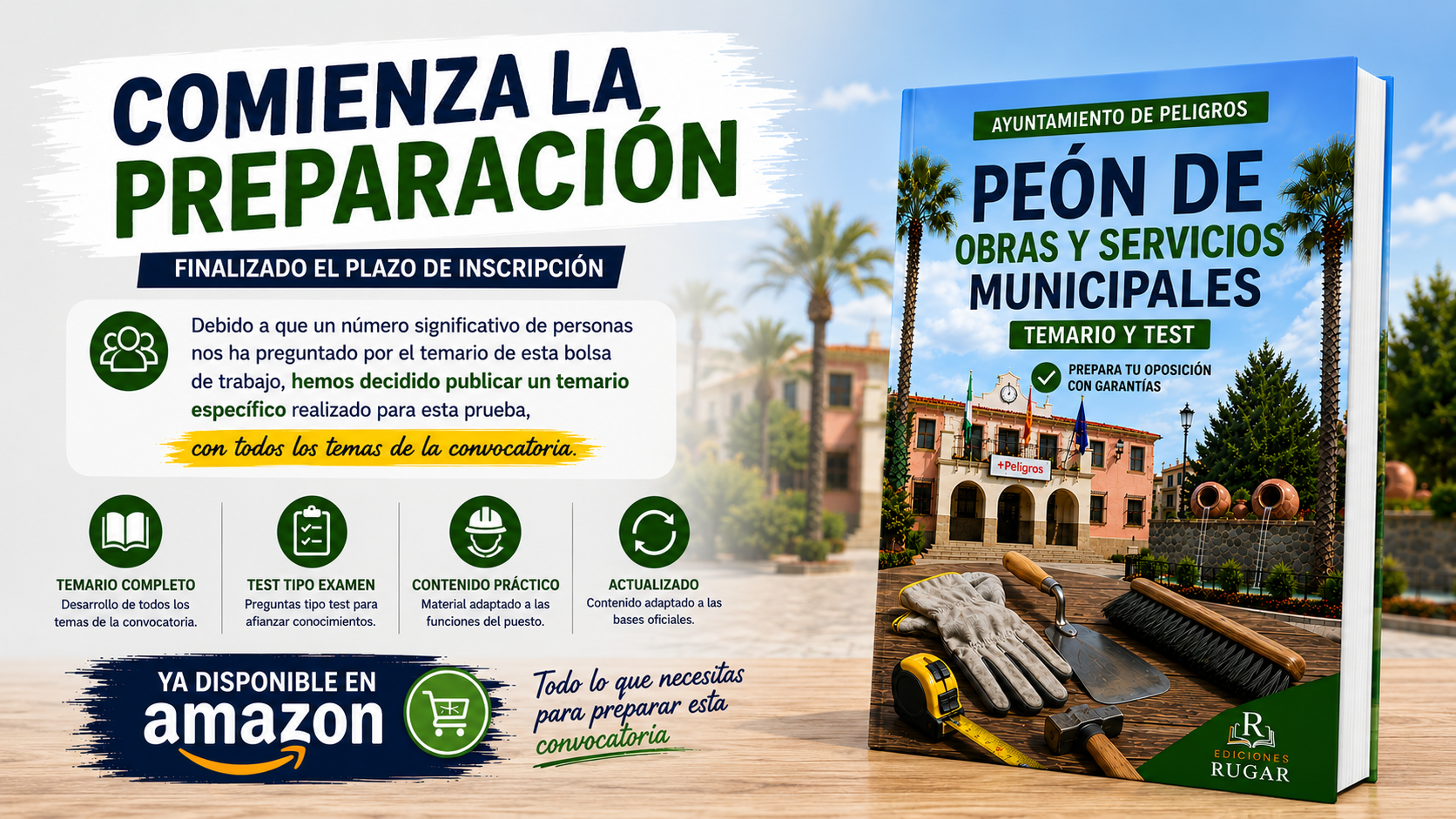 Nuevo temario específico ya disponible para preparar la Bolsa de Peón de Obras y Servicios del Ayuntamiento de Peligros. Un material práctico y adaptado a las bases oficiales de la convocatoria.