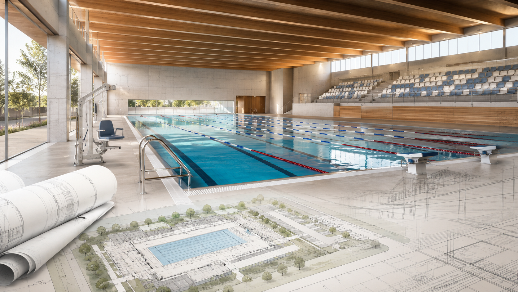 Recreación ilustrativa de una piscina cubierta municipal moderna, inspirada en el anteproyecto aprobado por unanimidad por el Ayuntamiento de Peligros para avanzar en la futura infraestructura deportiva del municipio.