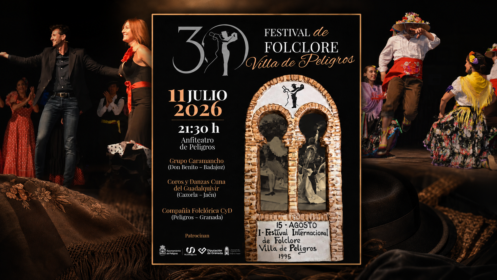 Cartel anunciador del XXX Festival de Folclore Villa de Peligros, acompañado de imágenes de actuaciones folclóricas celebradas en el municipio. La cita tendrá lugar el sábado 11 de julio de 2026, a las 21:30 horas, en el Anfiteatro de Peligros.
