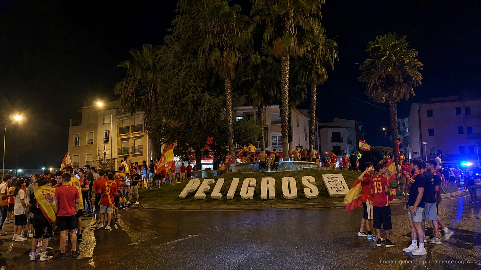 Celebración en la fuente. Parcialmente generada con IA